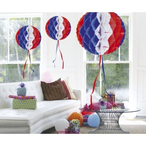 RED, WHITE & BLUE HONEYCOMB HANGING BALL DECORATION - 30CM