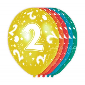 5 X 2ND BIRTHDAY ASSORTED COLOUR DELUXE PARTY BALLOONS - 30CM