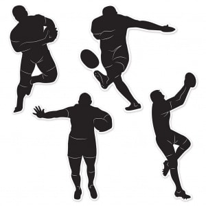 4 X RUGBY PLAYER SILHOUETTE CUTOUT DECORATIONS - 23CM - 31CM