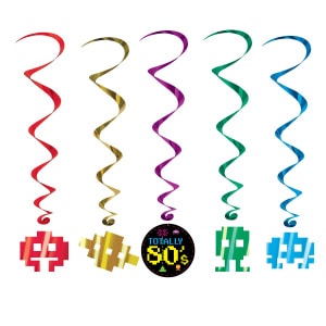 5 X TOTALLY 80'S RETRO ARCADE GAME FOIL HANGING WHIRLS - 91CM