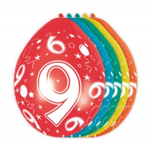 5 X 9TH BIRTHDAY ASSORTED COLOUR DELUXE PARTY BALLOONS - 30CM