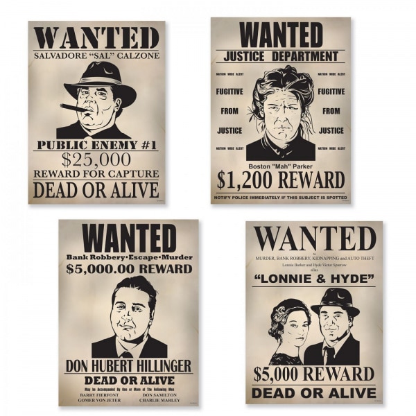 4 x 1920'S GANGSTER 'WANTED' POSTERS CUTOUT DECORATIONS - 40CM