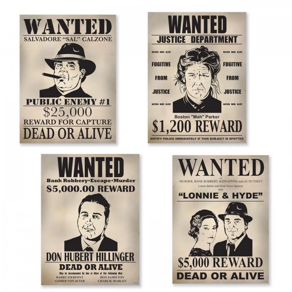 4 x 1920'S GANGSTER 'WANTED' POSTERS CUTOUT DECORATIONS - 40CM