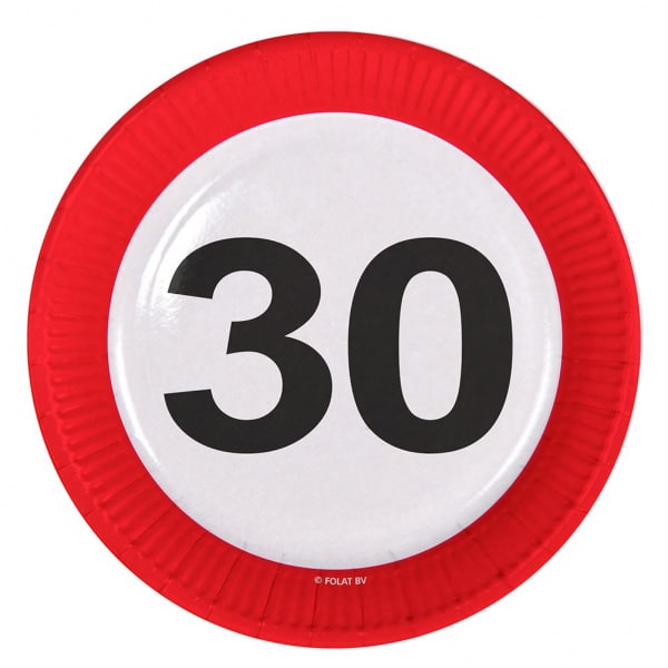 8 X 30TH BIRTHDAY TRAFFIC SIGN PARTY PLATES - 23CM