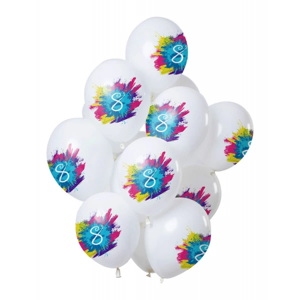 12 X DELUXE 8TH BIRTHDAY COLOUR SPLASH PARTY BALLOONS - 30CM