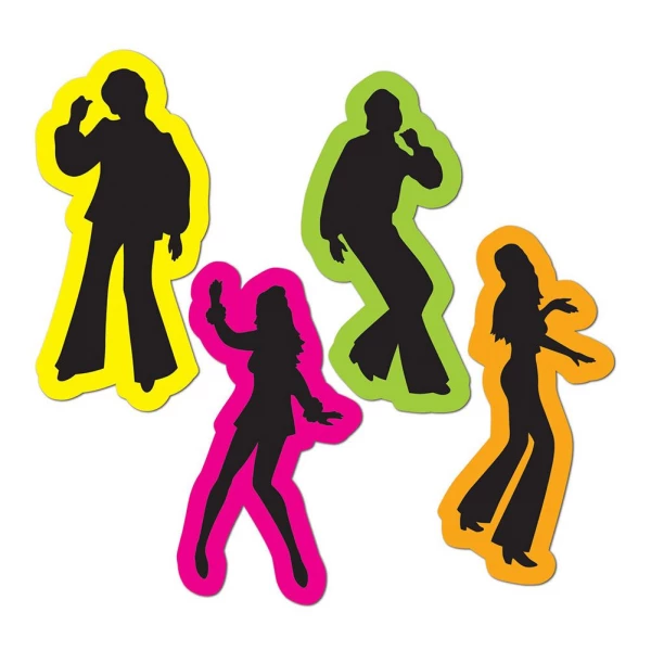 4 X 1970'S RETRO DISCO DANCER SILHOUETTE CUTOUT DECORATIONS - 36CM