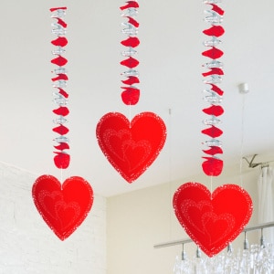 3 X GLITTERY RED HEART HANGING DECORATIONS