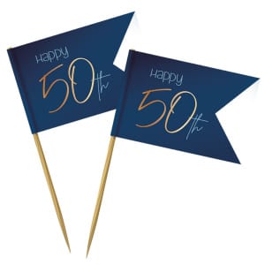 36 x Elegant True Blue "Happy 50th" Blue & Gold Party Pick Cocktail Sticks - 6.5cm