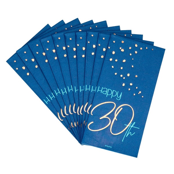 10 x Elegant True Blue "Happy 30th Birthday" Blue & Gold Paper Napkins  - 33cm x 33cm
