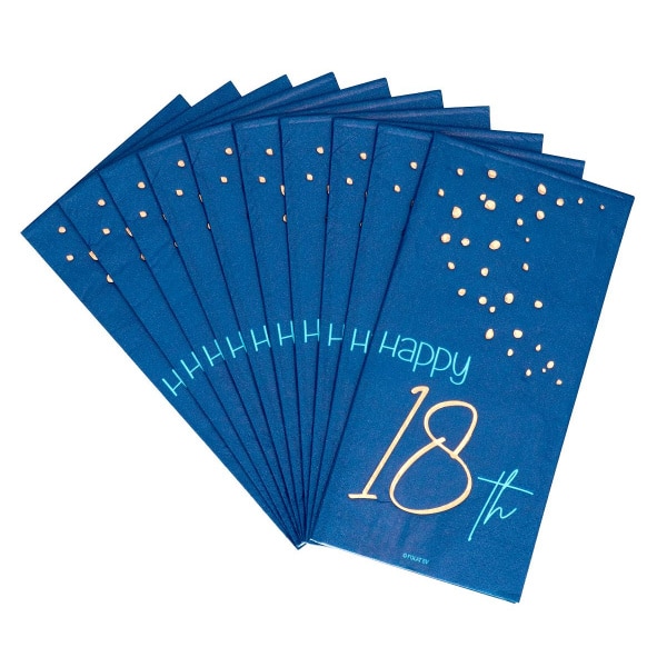 10 x Elegant True Blue "Happy 18th Birthday" Blue & Gold Paper Napkins  - 33cm x 33cm