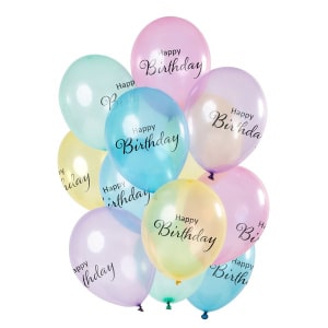 12 x Deluxe Happy Birthday Pastel Colours Transparent Party Balloons - 30cm