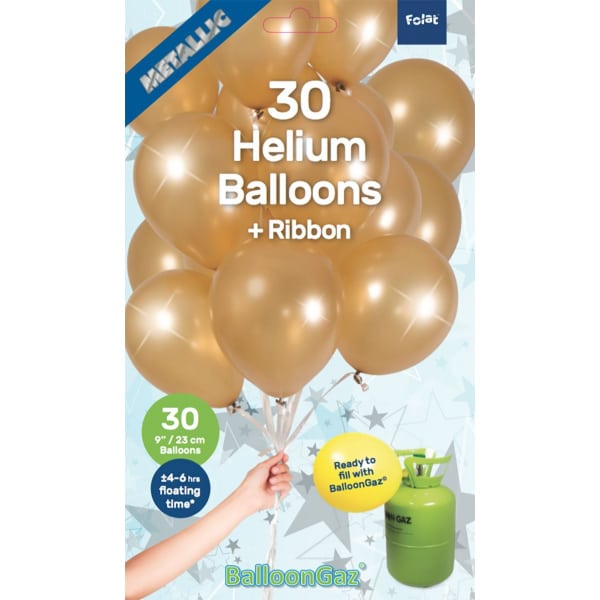 30 x Gold Coloured Quality Latex Balloons with Ribbon - 23cm