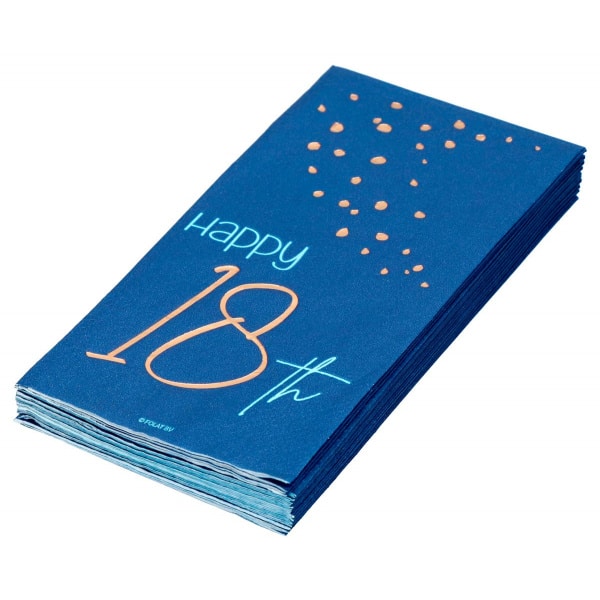 10 x Elegant True Blue "Happy 18th Birthday" Blue & Gold Paper Napkins  - 33cm x 33cm