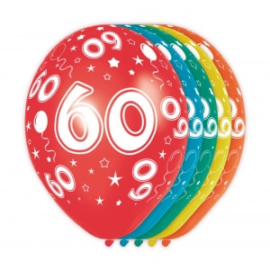 5 x 60th Birthday Assorted Colour Deluxe Party Balloons - 30cm