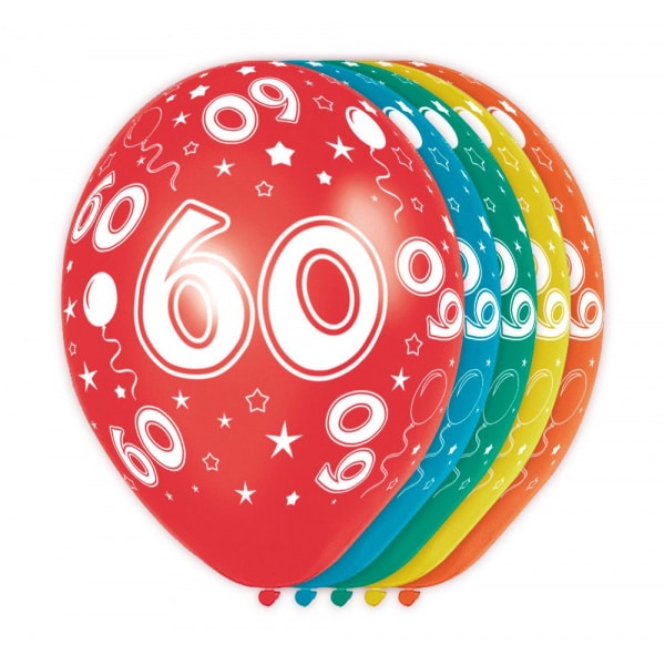 5 x 60th Birthday Assorted Colour Deluxe Party Balloons - 30cm