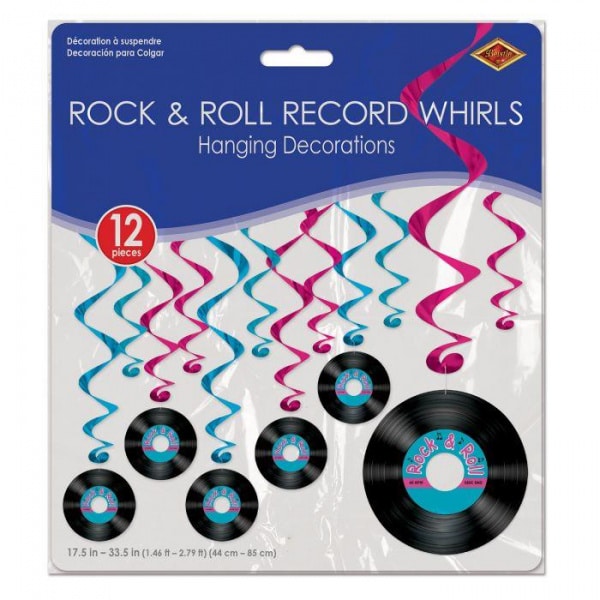 12 x Rock & Roll Record Blue & Red Foil Hanging Whirls - 44cm - 86cm