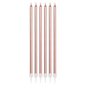 16 x Elegant Long Rose Gold Birthday Candles With Holders