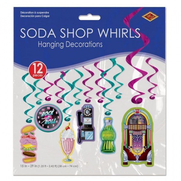12 x Soda Shop Fabulous 50's Style Foil Hanging Whirls - 44cm - 83cm