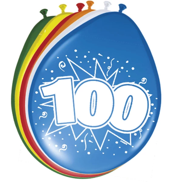 8 x 100th Birthday Assorted Colour Deluxe Party Balloons - 30cm