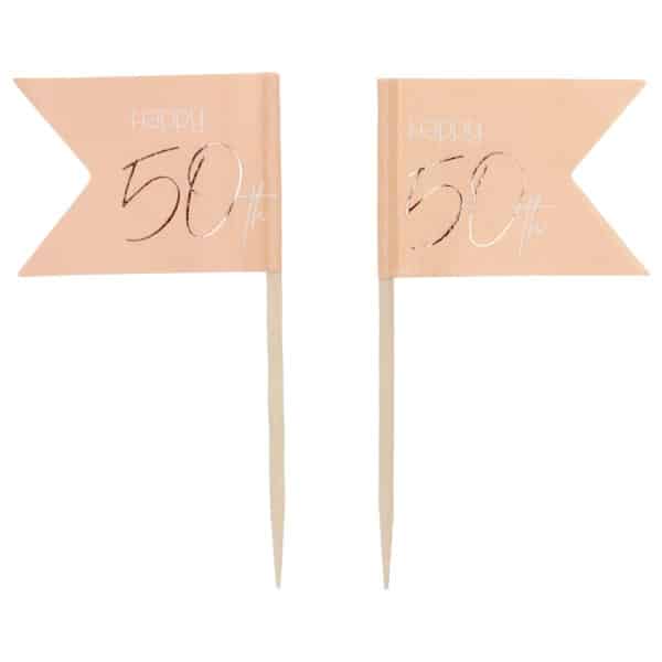 36 x Elegant Lush Blush "Happy 50th" pink & rose gold Party Pick Cocktail Sticks - 6.5cm