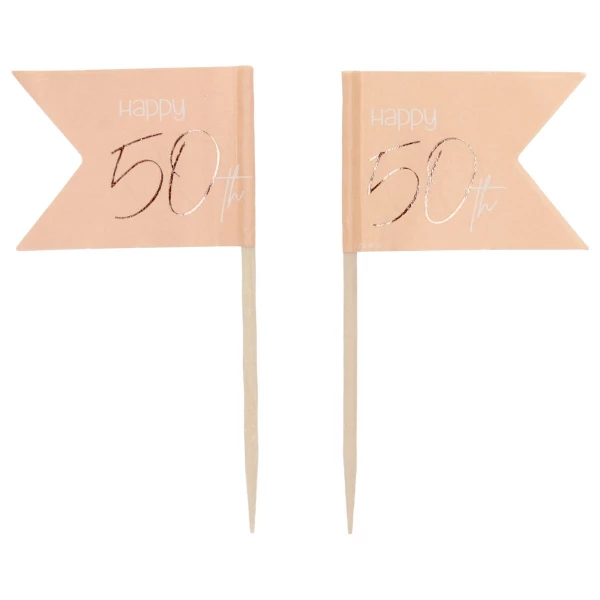 36 x Elegant Lush Blush "Happy 50th" pink & rose gold Party Pick Cocktail Sticks - 6.5cm