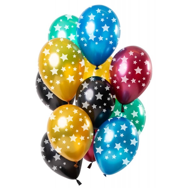 12 x Deluxe Multicoloured  Metallic Finish Party Balloons with Stars - 30cm