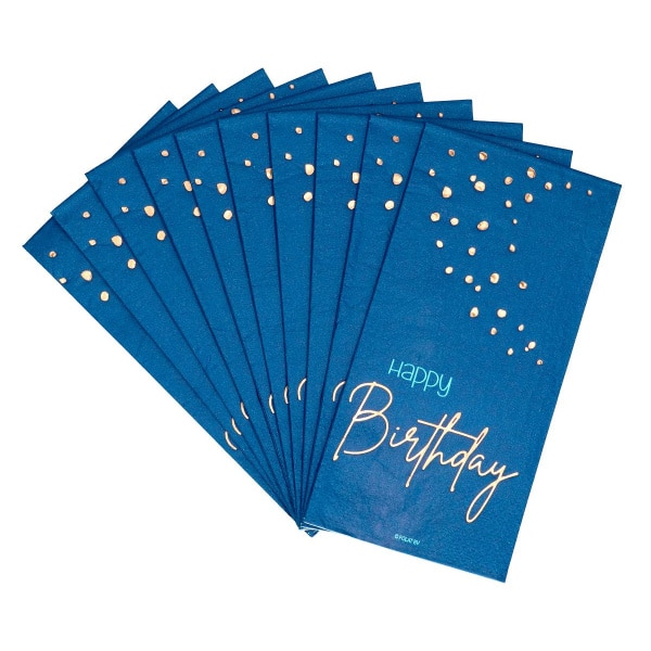 10 x Elegant True Blue "Happy Birthday" Blue & Gold Paper Napkins  - 33cm x 33cm