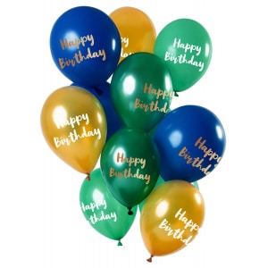 12 x Deluxe Green & Gold Happy Birthday Party Balloons - 30cm