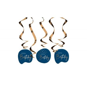 5 x Happy Birthday Elegant True Blue Party Whirl Hangers - 75cm