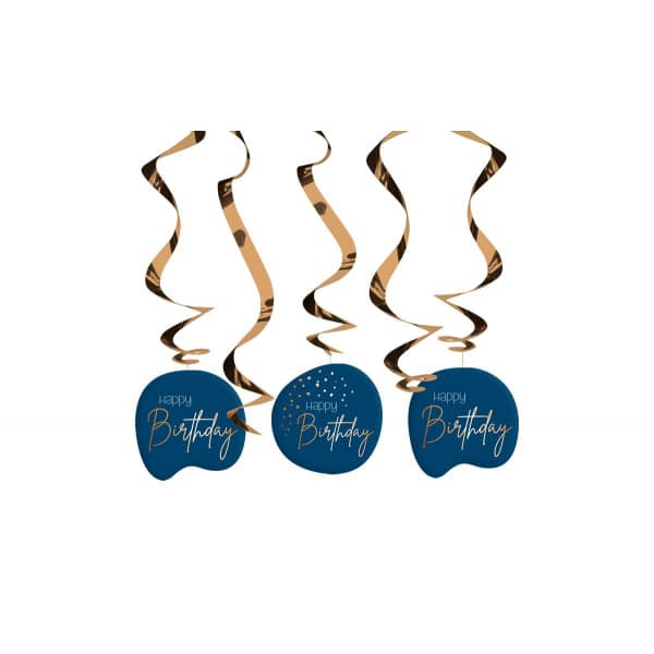 5 x Happy Birthday Elegant True Blue Party Whirl Hangers - 75cm