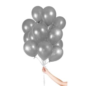 30 x Silver Coloured Quality Latex Balloons with Ribbon - 23cm