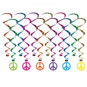 12 x Peace Sign 60's Style Multicoloured Foil Hanging Whirls - 44cm - 81cm