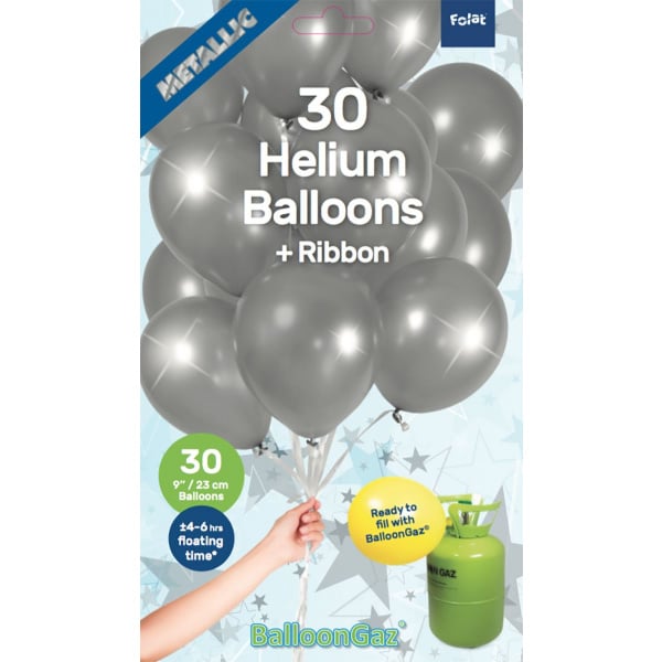 30 x Silver Coloured Quality Latex Balloons with Ribbon - 23cm