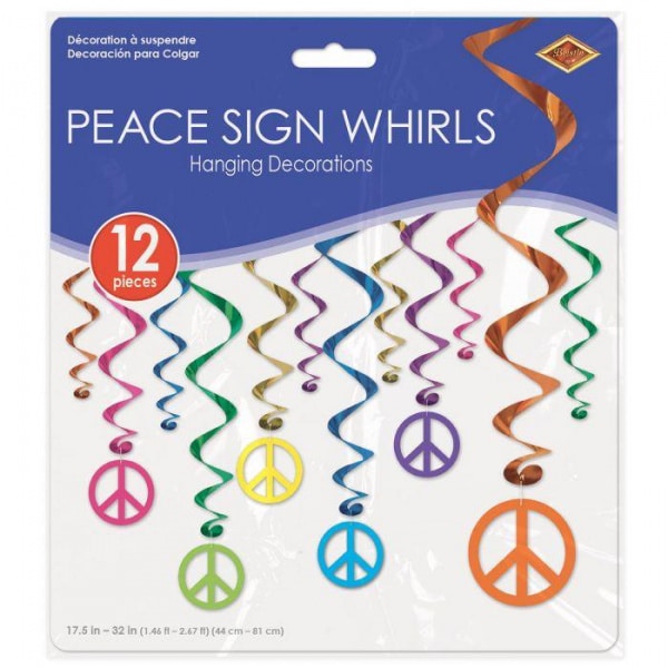 12 x Peace Sign 60's Style Multicoloured Foil Hanging Whirls - 44cm - 81cm