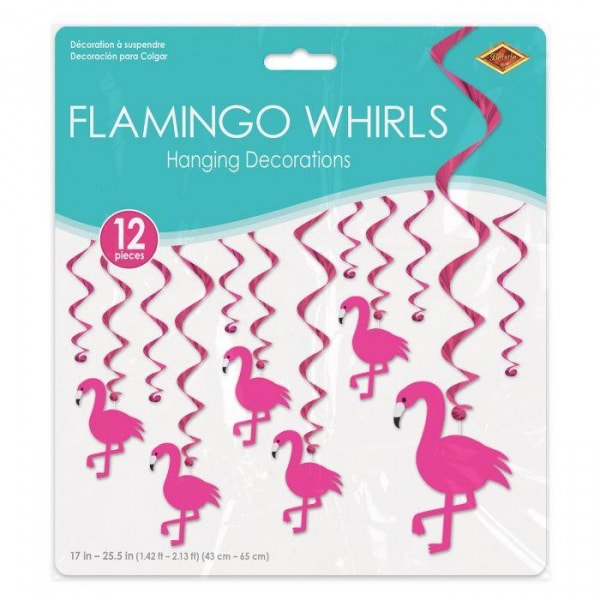 12 x Pink Flamingo Foil Hanging Whirls - 43cm - 63cm