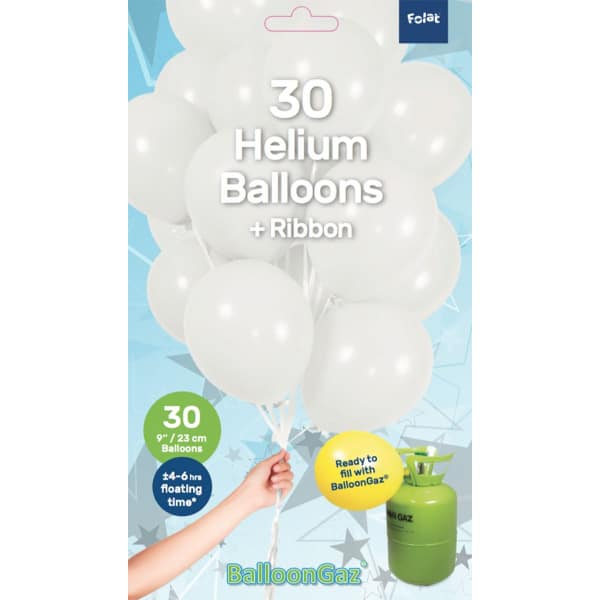 30 x White Coloured Quality Latex Balloons with Ribbon - 23cm