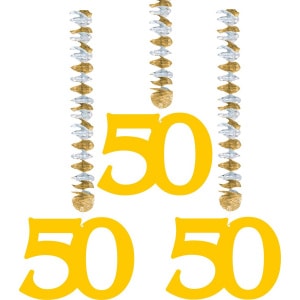 3 x Number "50" Gold Rotor Coil Hanging Decorations