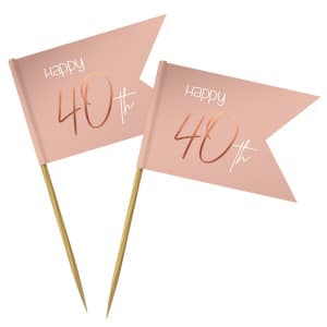 36 x Elegant Lush Blush "Happy 40th" pink & rose gold Party Pick Cocktail Sticks - 6.5cm