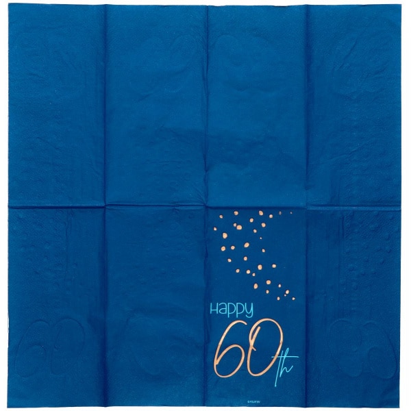10 x Elegant True Blue "Happy 60th Birthday" Blue & Gold Paper Napkins  - 33cm x 33cm