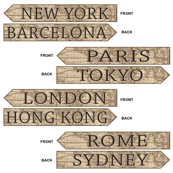4 X Around The World Street Sign Decorations 2 Sided - 60cm X 10cm