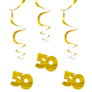 3 x Gold "50" Celebration Foil Hanging Whirls