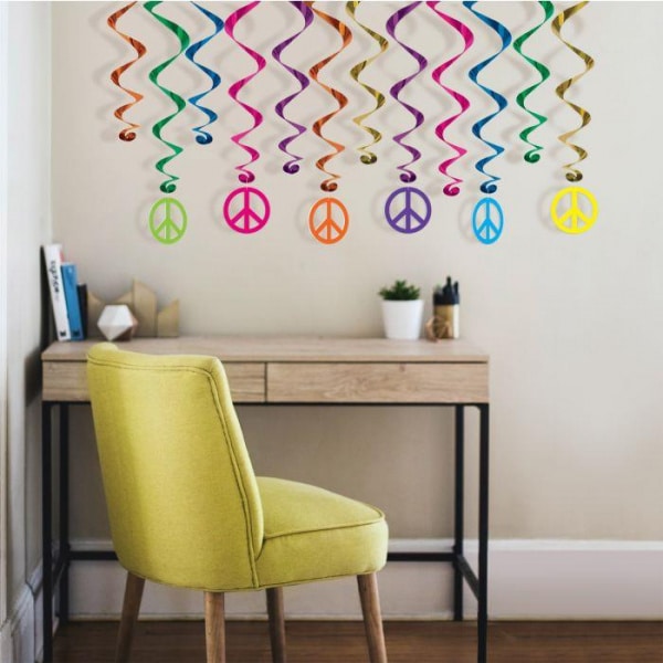 12 x Peace Sign 60's Style Multicoloured Foil Hanging Whirls - 44cm - 81cm