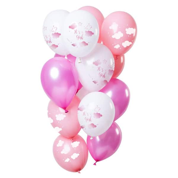 12 x Deluxe "It's a Girl" Pink Clouds Party Balloons - 30cm