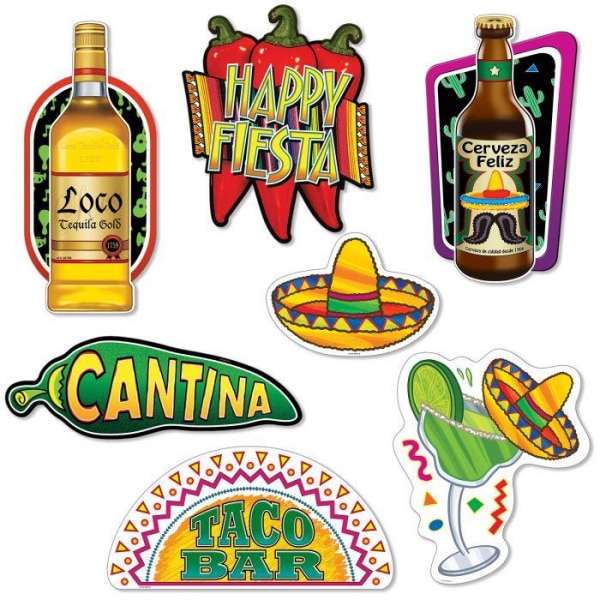 7 X Mexican Fiesta Cut-out Decorations - 25cm - 42cm
