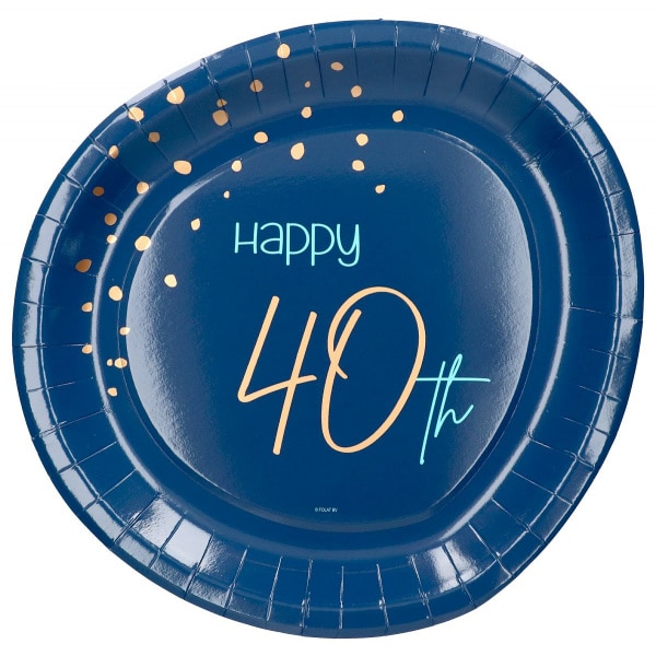 8 x Happy 40th Birthday Elegant True Blue Disposable Paper Plates