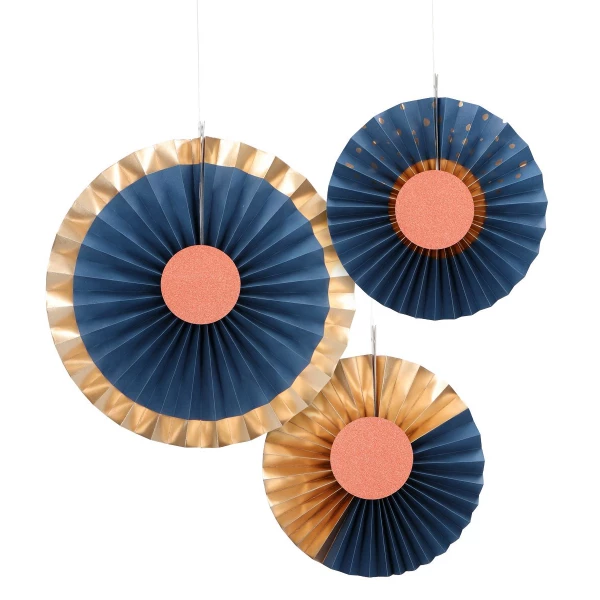 3 x Toning Honeycomb Concertina Paper Fans Elegant True Blue - 25cm-35cm