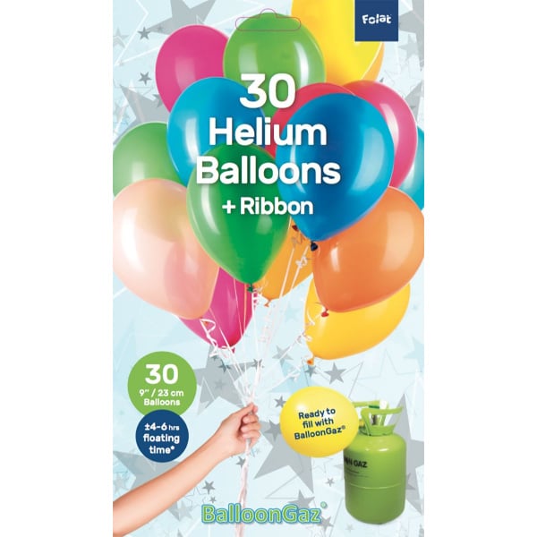 30 x Multicoloured Quality Latex Balloons with Ribbon - 23cm