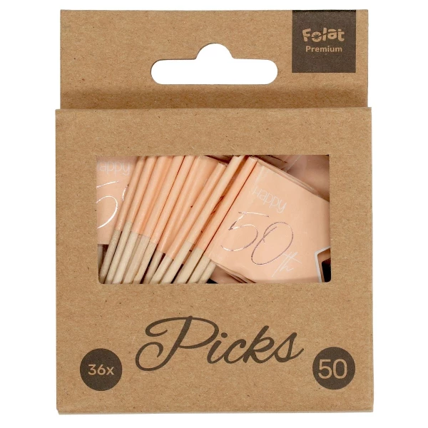 36 x Elegant Lush Blush "Happy 50th" pink & rose gold Party Pick Cocktail Sticks - 6.5cm