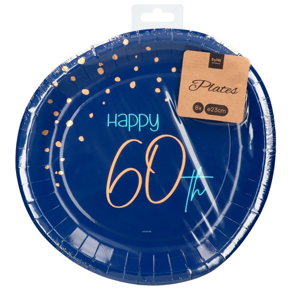 8 x Happy 60th Birthday Elegant True Blue Disposable Paper Plates