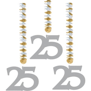 3 x Number "25" Silver Rotor Coil Hanging Decorations
